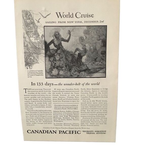 Vintage 1927 Canadian Pacific Worlds Greatest Travel System Ad Advertisement - Picture 3 of 4